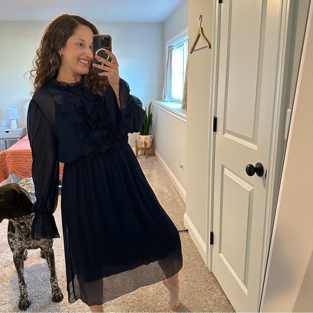 See By Chloe Navy Blue Long Sleeve Floral MIDI Dress Medium - Picture 5 of 16